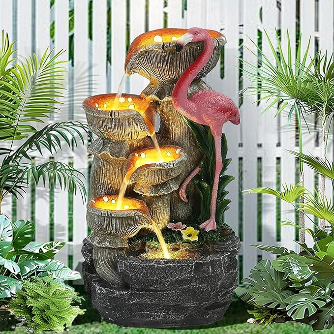 Outdoor Water Fountain - 5 Tier Floor-Standing Cascading Garden Fountain, 25" H Indoor/Outdoor Flamingos Water Fountains with 5 LED Lights for Garden, Patio, Backyard and Home