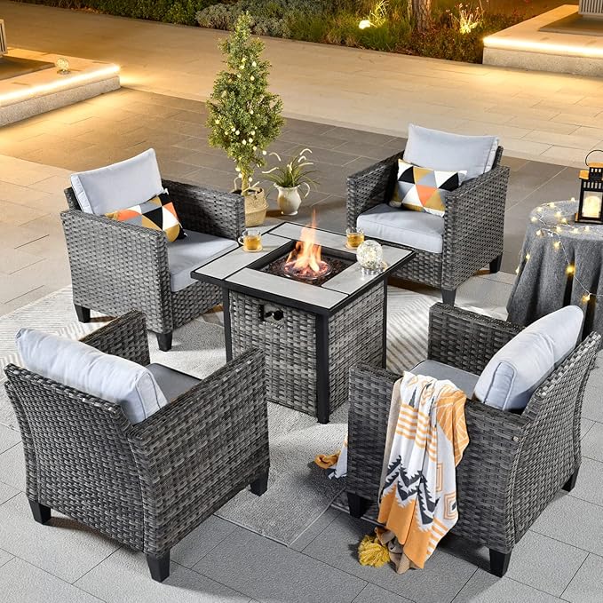 ovios 5 Pieces Patio Furniture Set, Outdoor Wicker Rattan Chairs of 4 with 30" Fire Pit Table, High Back Chair Conversation Sets for Porch Deck Garden, Grey