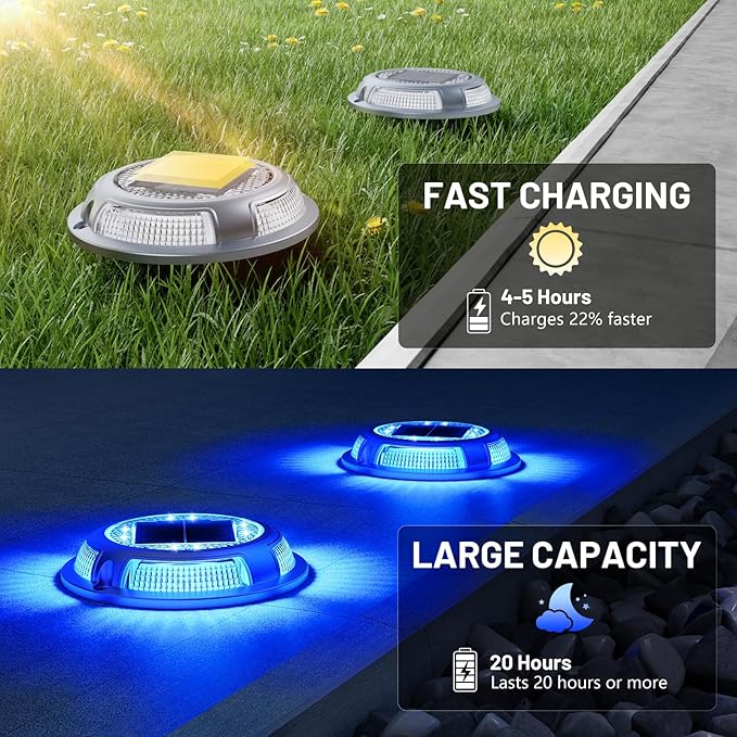 Solar Driveway Lights, 8 Pack Heavy Duty Driveway Lights Solar Powered 2 Color Mode (Cool White/Blue) IP68 Waterproof Outdoor Solar Deck Lights with Ground Stake for Pathway Garden Yard Walkway Dock