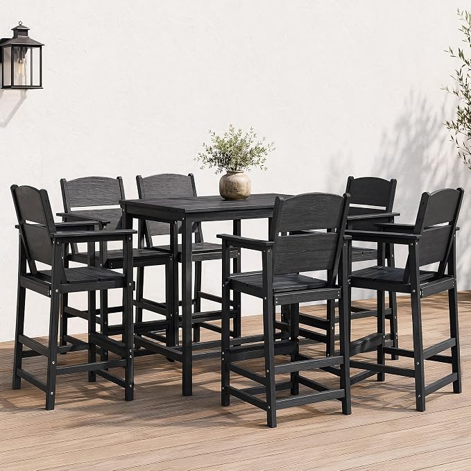 HDPE Outdoor Bar Height Chairs Set of 6, 28.5" Seat All-Weather High Top Patio Stools with Backrest, Heavy Duty Patio Bar Stools with Arms, High Top Outdoor Chairs for Deck/Party/Pool, Black