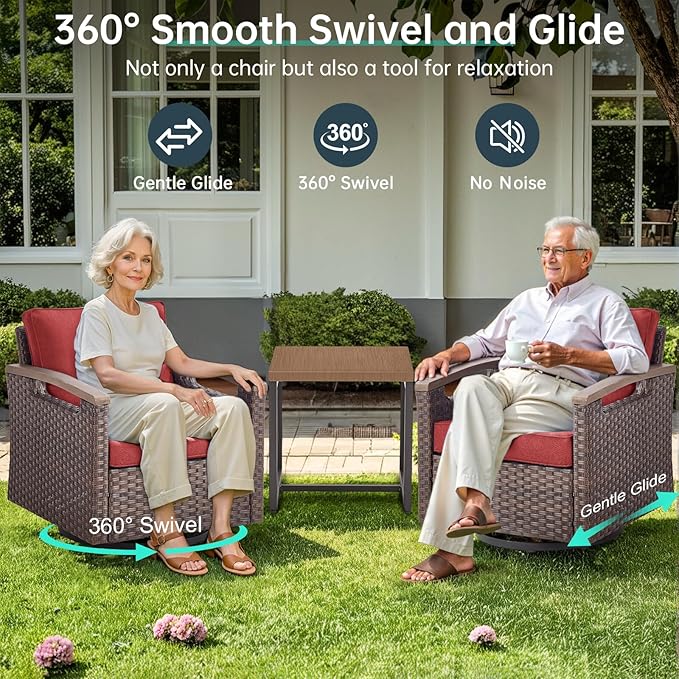 Luxury 4 Outdoor Swivel Rocker Patio Chairs with 2 Metal Side Table - Heavy Duty 6 Piece Patio Furniture Set All Weather Wicker Glider Set with Thick Cushion for Porch Poolside Deck - Red