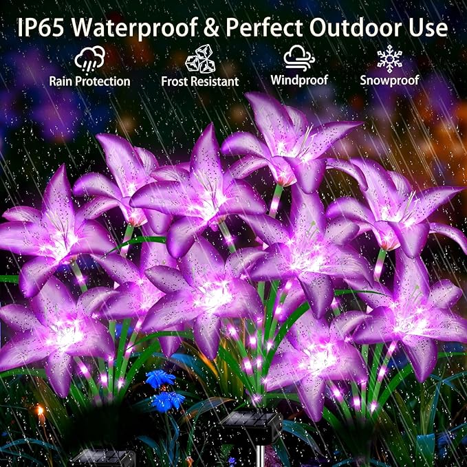Solar Lights Outdoor, Gift for Women Mom Grandma Wife Daughter, 4 Pack 16 Solar Purple Lily Flower Lights Solar Flower Light Waterproof, Outside Decor Stake Light for Landscape Yard Patio Lawn Garden