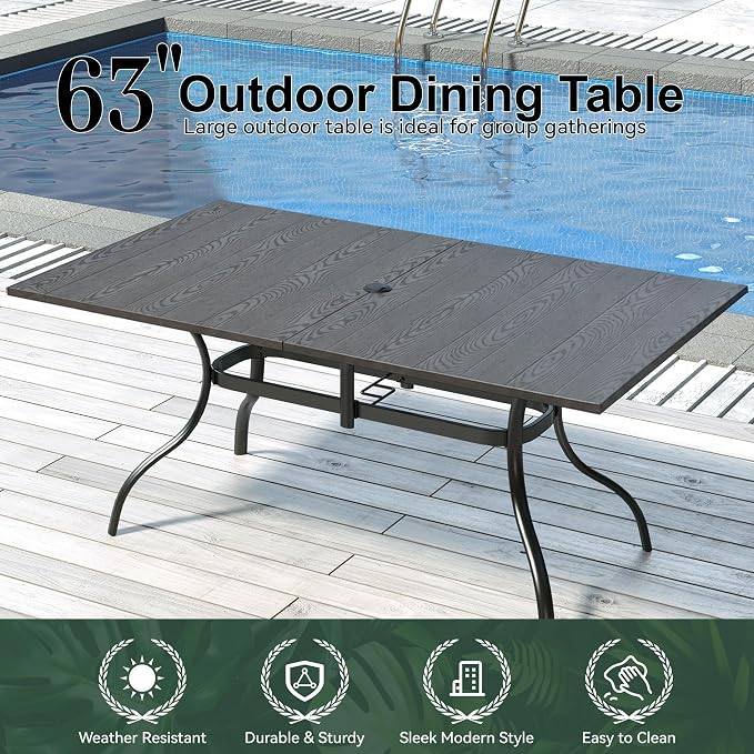 Patio Dining Table for 6,Large Rectangle Outdoor Table with Adjustable Umbrella Hole,63"x 38"x 28",Brown