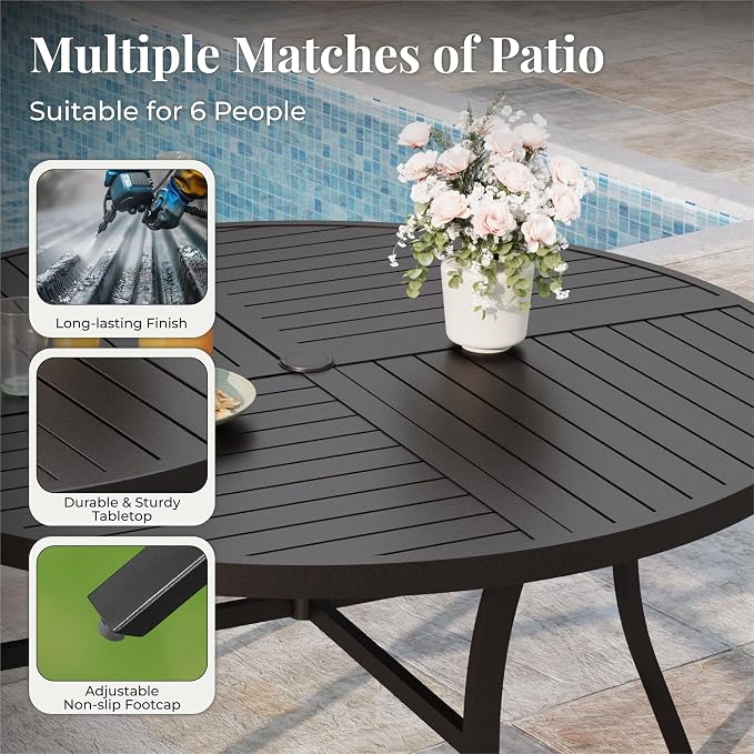 MIXPATIO 7 Pieces Outdoor Table and Chairs, Patio Dining Set for 6, 54" Round Metal Table and 6 Brown Chairs, Outdoor Dining Furniture Set for Lawn Backyard Deck