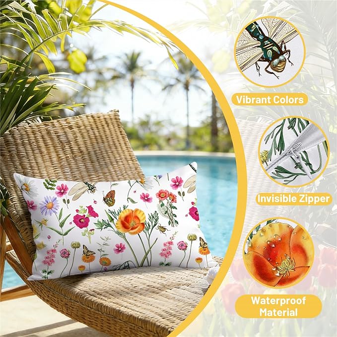 NIGHTWISH Outdoor Waterproof Pillow Covers 12x20 Set of 4 Spring Summer Floral Decorative Outdoor Throw Pillows Farmhouse Cushion Cases for Patio Furniture Bench Couch Sunbrella