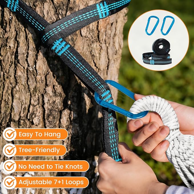Lazy Daze Hammocks Cotton Fabric Double Hammock with 55" Spreader Bar, Portable Camping Hammock with Carrying Bag & Tree Straps for Patio, Backyard, Balcony, 450lbs Capacity, Blue & Yellow