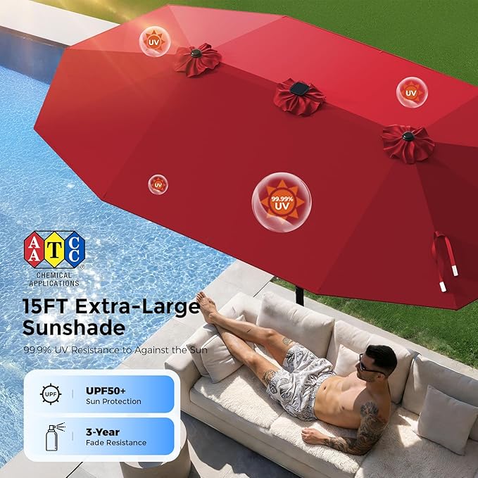 HOMSHADE 15FT Double Sided Umbrella with Light Bar and Base, Rectangle Oversized Patio Umbrellas, Extra Large Outdoor Table Umbrella for Pool, Patio, Garden (Burgundy Red)