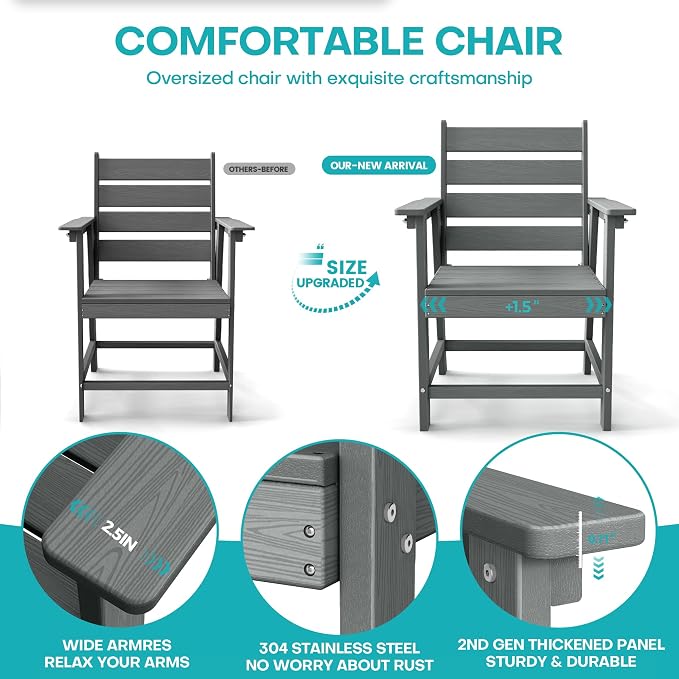 7-Piece Dining Set, HDPE Table & 6 Chairs, Grey | HDPE Dining Set: 69.1" Table + 6 Chairs, 380 lbs, 304 Stainless, All-Weather, No Rust No Crack, Outdoor Patio Garden