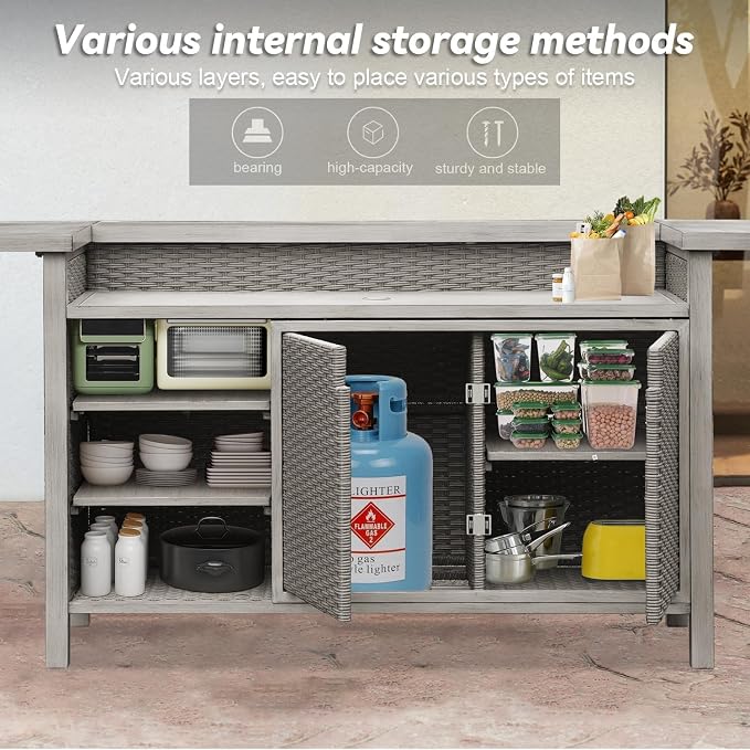 Domi Outdoor Home Bar Unit, All-Weather Wicker & Aluminum Frame Farmhouse Bar Furniture with Storage, Waterproof Rattan Buffet Table with Shelves and Cabinet, Easy-to-Clean for Patio Kitchen