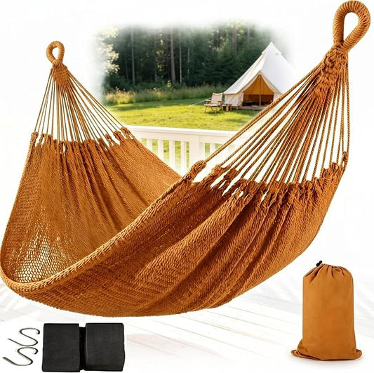 Mayan Style Handwoven Hammock with Carry Bag, 2 Person Cotton Nylon Rope Hammock, 500 lb Capacity for Camping, Backyard, Patio, Porch, Indoor Outdoor Use