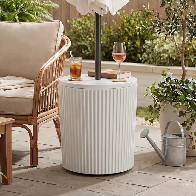 HOMPUS Umbrella Side Table, Outdoor Patio Table with Umbrella Hole, Round Patio Stand for Porch, Poolside & Garden, Composite Material, Modern Coffee End Table, Easy Assembly, White