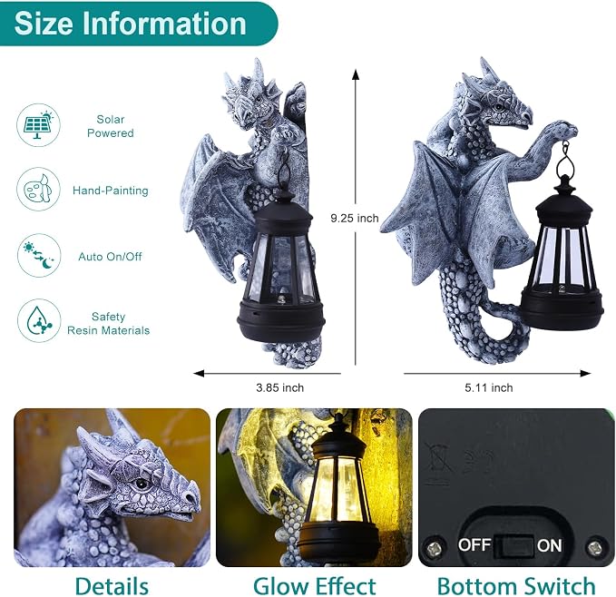 Goodeco Dragon Tree Hugger Solar Lantern Garden Statue - 2 Pack 9.3 Inch Resin Dragon Decor for Outdoor, Perfect Garden Gift & Yard Decor (Grey, 2-Pack)