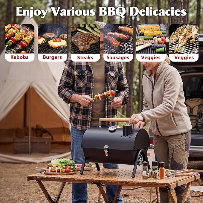 Portable Charcoal Grill with Thermometer, HaSteeL Small Tabletop Barbecue Grill Smoker for Outdoor Camping Backyard Beach BBQ, 117 Square Inches Cooking Area, Thick Steel, Screwdriver, Black