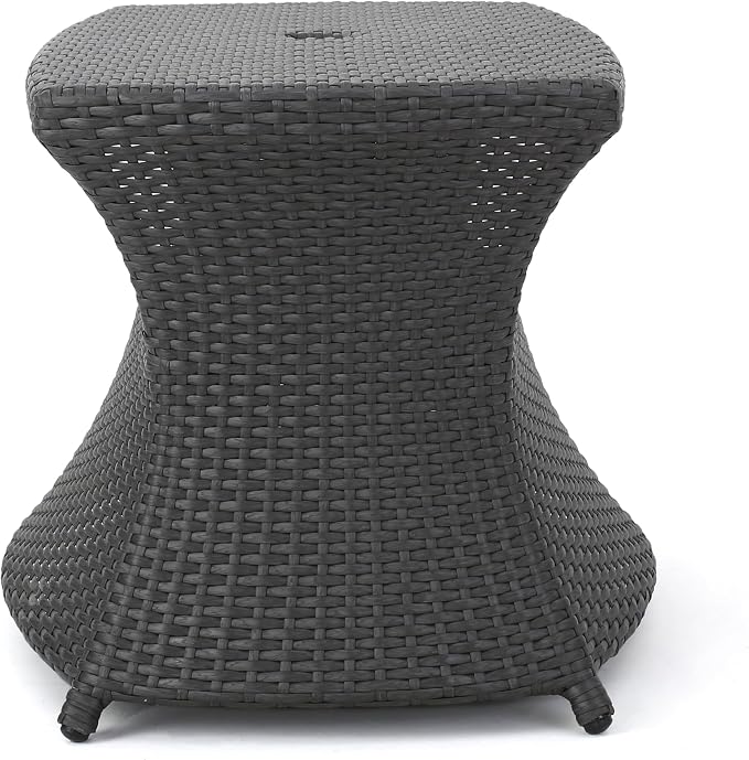 Outdoor Rattan Side Table with Umbrella Hole, All Weather 2 Tier Rattan Wicker Coffee End Table with Storage Shelf for Garden Porch Deck Backyard, No Assembly Required (Grey)