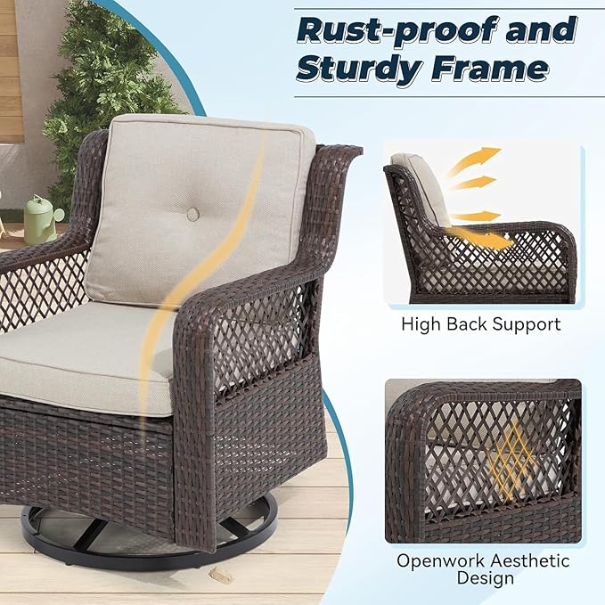 3 Pieces Patio Swivel Chairs, Wicker Patio Conversation Sets with Rocking Chair, Side Table for Outdoor Garden Porch Backyard(Beige)