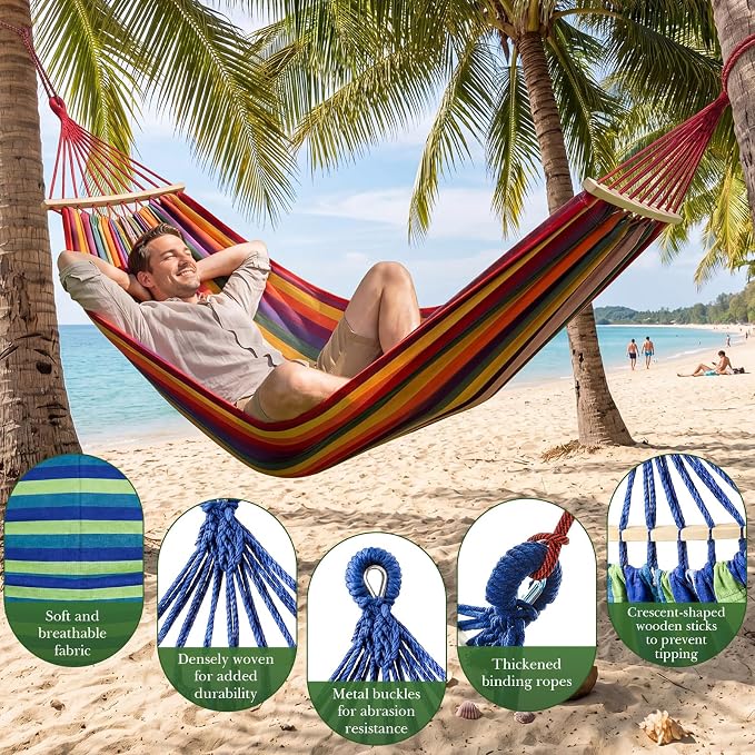 SATINIOR 2 Pack Canvas Camping Hammock for Outside 120 x 59 in Large Comfortable Hammocks up to 660lbs with Travel Bag Anti Roll Balance Beam Tree Strap for Outdoor/Indoor Beach Patio Backyard Garden