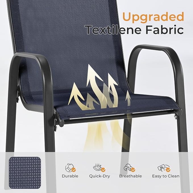 HAPPATIO Outdoor Patio Dining Set, 6 Quick Dry Textilene Dining Chairs and Dining Table with Umbrella Hole, Stackable Textilene Chairs for Garden, Patio and Poolside Backyard,Navy