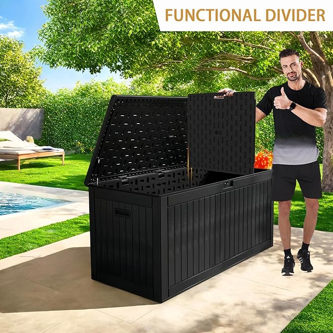 230 Gallon Deck Box Waterproof, Outdoor Storage Box Waterproof Lockable with Divider and Lifter Prevent Water Seeping into from Floor for Patio Cushions