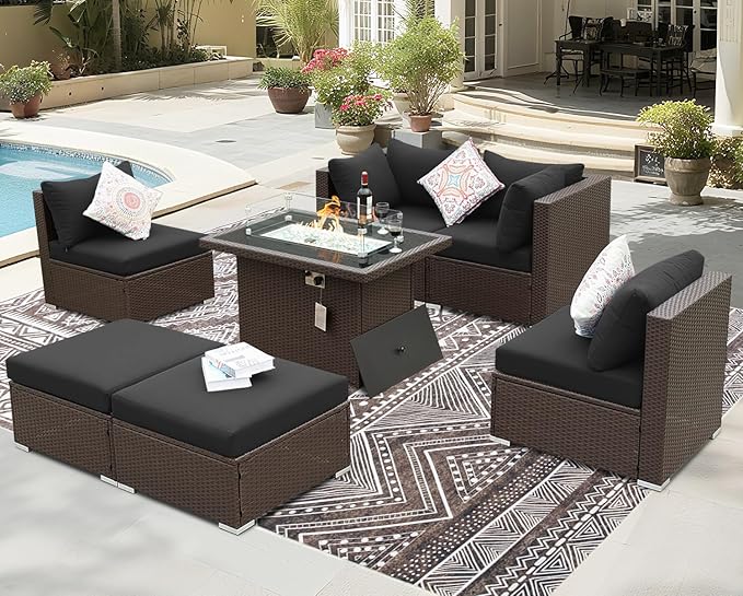 BULEXYARD 7 Pcs High Back Patio Furniture Set with Fire Pit Table Propane/Natural Gas Dual Fuel, Heavy Duty Outdoor Sectional Couch, Comfy Backyard Seating for Exterior, Brown Wicker & Black Cushion