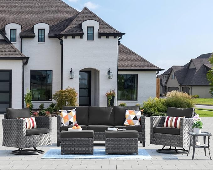 HOOOWOOO Wicker Patio Conversation Sets,6 Piece Outdoor Furniture Set with Swivel Rocking Chairs,All Weather Resistant Modern Outside Out Door Rattan Couch Chairs Side Table Set,Black