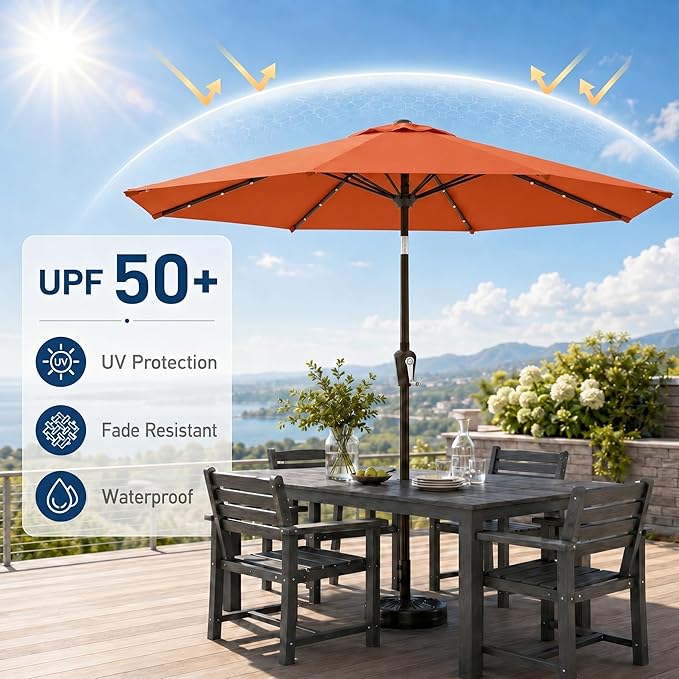 10FT Solar Patio Umbrella with Lights, Outdoor Table Market Umbrella with 32 LED Lights, 8 Sturdy Ribs, Push Button Tilt and Crank for Pool, Deck and Garden, UV-Resistant