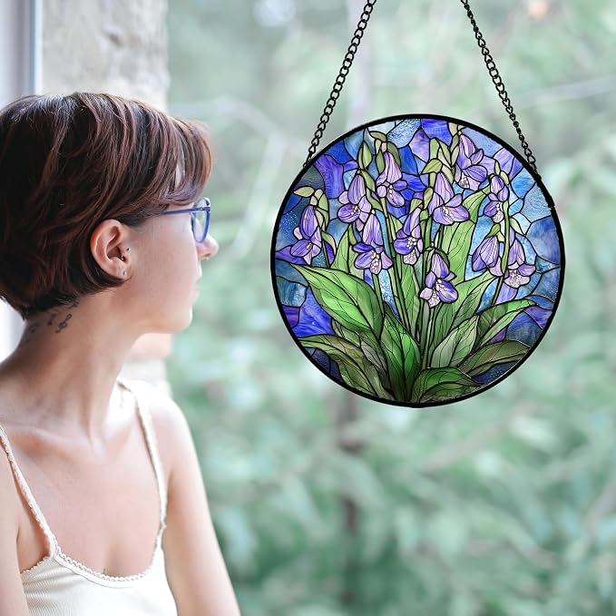 Stained Glass Suncatcher, Blue Purple Flowers Green Leaves Sun Catcher Plants Stain Glass Window Hanging Decoration Mother's Day Birthday Gifts for Women Men Mom and Nana 6.3 in