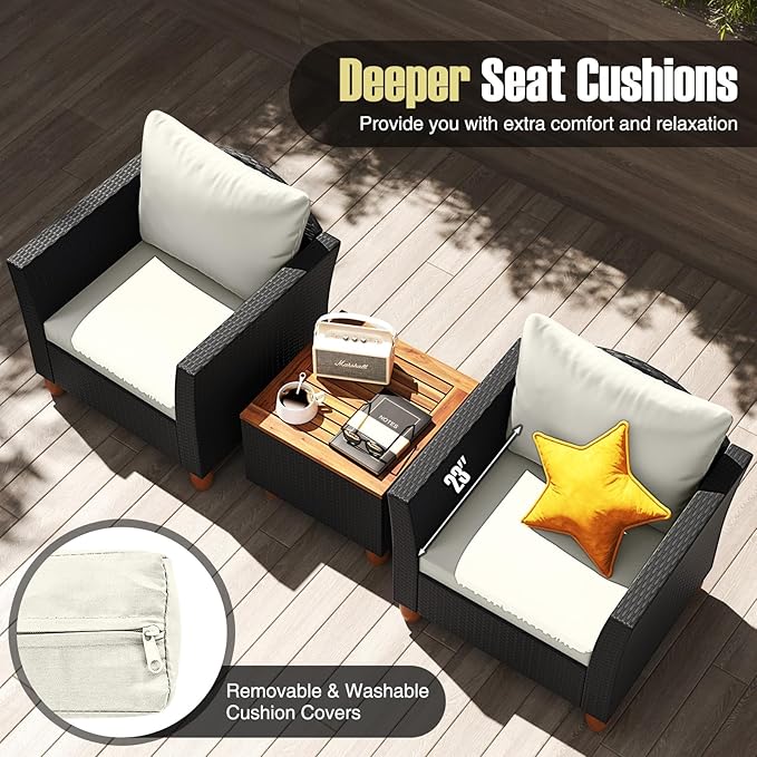 HAPPYGRILL 3-Piece Rattan Patio Conversation Set with Storage Coffee Table, Outdoor PE Wicker Sofa Furniture Set with Cushions for Balcony Backyard Porch Garden
