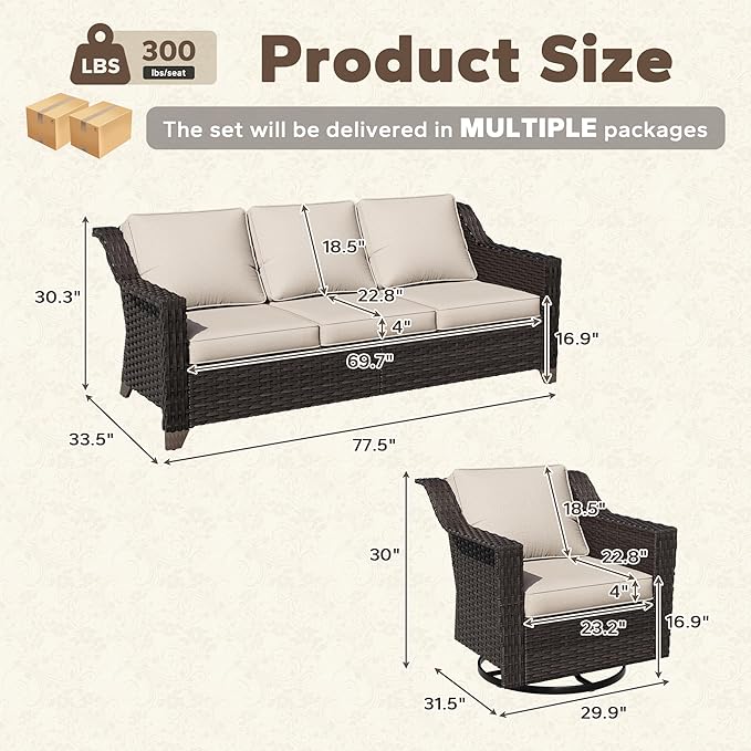 3 Pieces Patio Conversation Furniture Set - 1 Sofa, 2 Swivel Chairs, Outdoor Wicker Furniture with Removable Cushions for Porch, Balcony, Sunroom (Beige)
