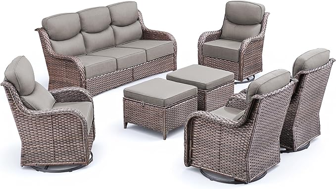 Luxury 7 Pieces Outdoor Patio Furniture Set-All Weather Wicker Outdoor Furniture with Swivel Rocker Patio Chairs 6-inch Extra Thick Cushions Wicker Conversation Set for Garden Porch(Brown/Grey)