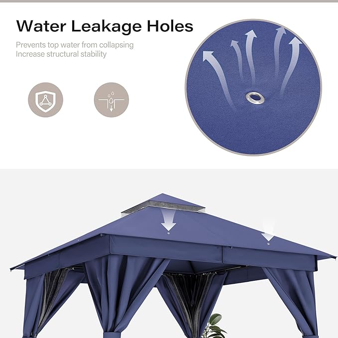 LAUSAINT HOME 8'x8' Outdoor Gazebo, Metal Frame Heavy Duty Patio Canopy Tent Shelter with Double Roofs, Mosquito Nettings and Privacy Screens for Backyard, Garden, Lawn, Navy Blue