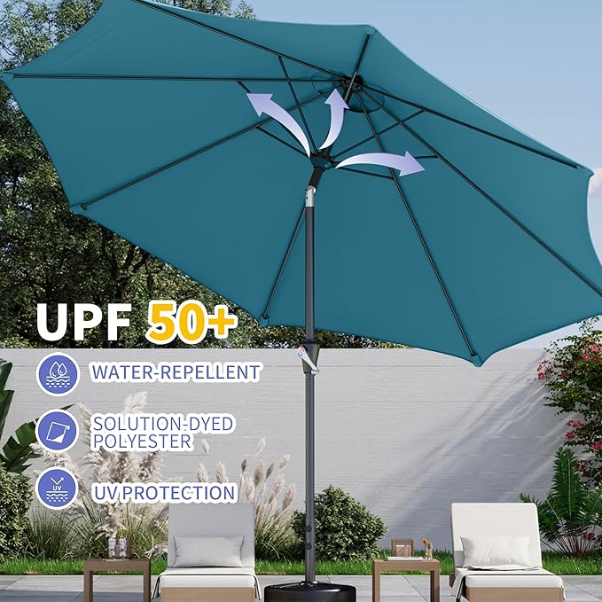 Kingdura 10FT Outdoor Patio Umbrella, Market Table Umbrella with Push Button Tilt and Crank, 8 Sturdy Fiberglass Ribs, UV Protection for Pool, Lawn, Deck, Backyard, Garden (Lake blue)