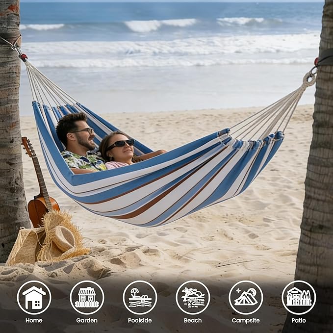 Lazy Daze Hammocks Extra Large Double Hammock, Portable Camping Hammock with Travel Bag & Tree Straps for Outdoor, Camping, Backyard, Patio, 550lbs Capacity, Blue & Light Gray