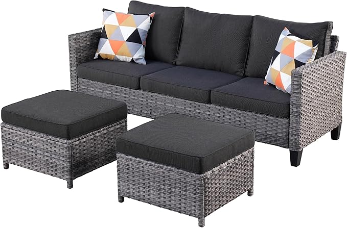 ovios 3 Pieces Patio Furniture Set Outdoor Sofa with Ottomans, Wicker Rattan Couch with Footrests Comfy Cushions, All Weather Sofas Couches for Porch Backyard Garden, Black