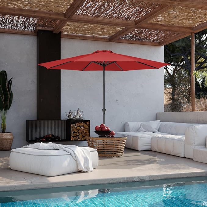 JEAREY 11' Patio Umbrellas Outdoor Table Market Umbrella w/Crank, 8 Sturdy Ribs, UV Protection Windproof for Garden, Deck, Backyard, Pool(Red)