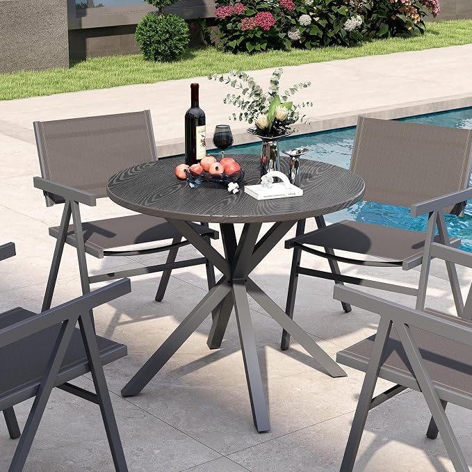 HAPPYGRILL 34” Round Outdoor Dining Table, Metal Patio Bistro Table with Wood-Like Tabletop, 4 Person Outdoor Dining Furniture for Backyard Garden Balcony