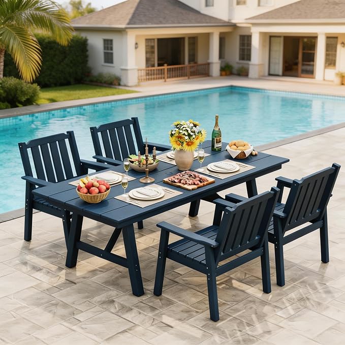 Takywep 23.9” Wide HDPE Patio Dining Chairs Set of 2, 650LBS Capacity All-Weather Yard Armchair with Slatted Seat, Heavy Duty Modern Backyard Furniture for Garden, Poolside, Deck, Blue