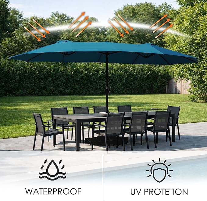 Kozyard 15 FT Rectangular Double-Sided Patio Umbrella with Solar Lights, Outdoor Patio Umbrella with Crank Lift, Base Included, UV-Resistant for Pool, Backyard & Garden Blue