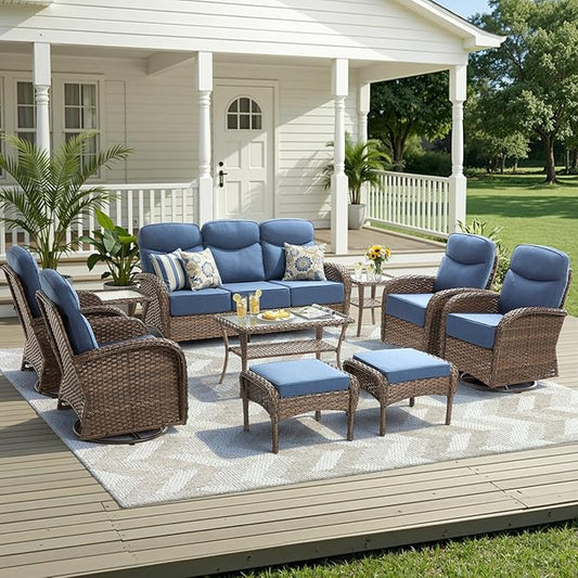 10 Pieces Luxury Outdoor Patio Furniture Set with 6-Inch Thick Cushions, Wicker Outdoor Furniture with High Back Swivel Patio Chairs Set of 4, Wicker Conversation Set for Deck Garden Porch, Blue