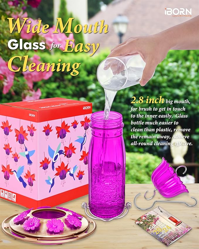iBorn Hummingbird Feeders for Outdoors Hanging with Ant Moat for Hummingbird Feeder Glass 8 Ports for 16oz Hummingbird Nectar,Fuchsia Magenta, Copper Brush Cover,Pack of 1