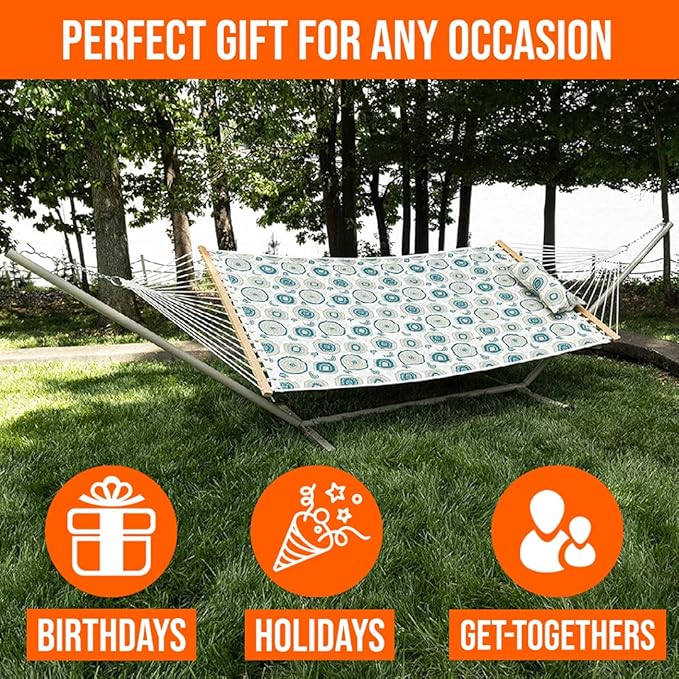 Castaway Living Large 2-Person Quilted Hammock with Stand & Pillow – Medallion, 10 ft. L x 52 in. W, 350 lb Capacity, Weather-Resistant Polyester, Portable Space-Saving Frame