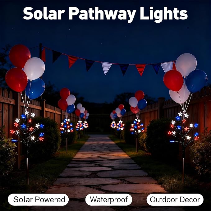 4th of July Decorations Outdoor, 5 Pack Solar Star Lights Red White Blue, 29.5IN 22.3FT 75 LED Patriotic Pathway Lights, 8 Modes Auto On/Off IP65 Waterproof Yard