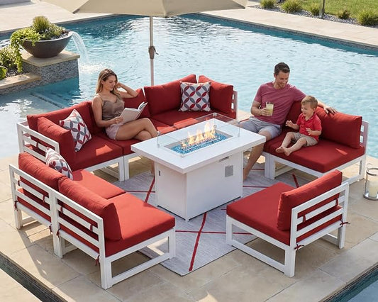 NICESOUL 9 Piece Oversized Modular Aluminum Outdoor Furniture Set with Fire Pit Table, 29" Deep Wide Sectional Seating, 500 lbs High Weight Capacity Patio Conversation Set for Garden Deck, Burgundy