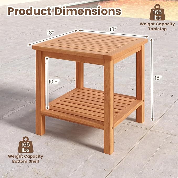 HAPPYGRILL Acacia Wood Outdoor Side Table, 2-Tier Indoor End Table with Spacious Tabletop and Slatted Storage Rack, Square Wood Table for Poolside, Living Room, Porch, Balcony and Garden (1)