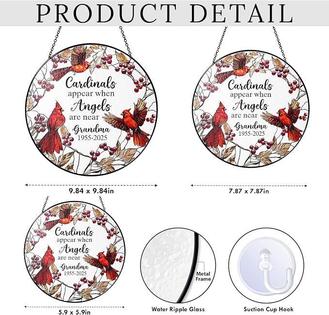 Personalized Cardinal Memorial Photo Suncatcher – “Forever in Our Hearts” Christmas Ornament – in Loving Memory Gift for Mom or Grandma from Family – Stained Glass Window Hanging Keepsake