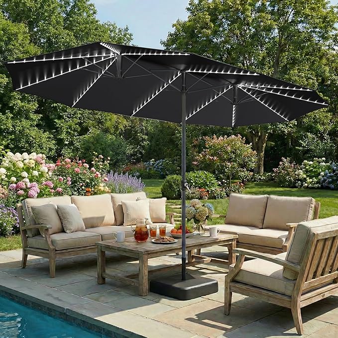 AECOJOY 15ft Patio Umbrella with Solar Lights, Double-Sided Outdoor Market Umbrella with Base Included, Large Pool Umbrella with 156 LED Lights, Crank Lift for Market Deck Backyard, Black(1.9" Pole)