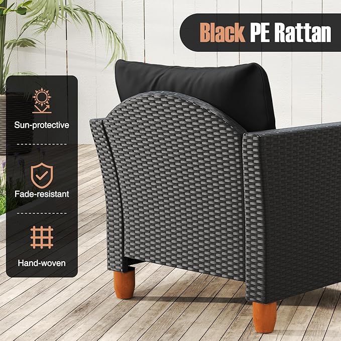 HAPPYGRILL 3 Pieces Patio Conversation Set with Storage Coffee Table, Outdoor PE Rattan Wicker Furniture Set with Cushions, Acacia Wood Patio Furniture Set for Balcony Backyard Porch Garden