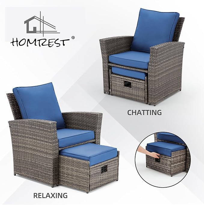 HOMREST 6 Piece Patio Conversation Set, Outdoor Sectional Conversation Rattan Sofa Set with Ottoman and Outdoor Storage Table for Garden, Porch, Backyard (Marine Blue)