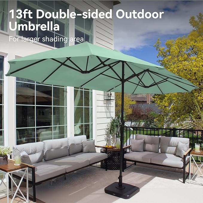 PHI VILLA 13ft Large Patio Umbrellas, Double-Sided Outdoor Market Rectangle Umbrella for Outside, Mint Green
