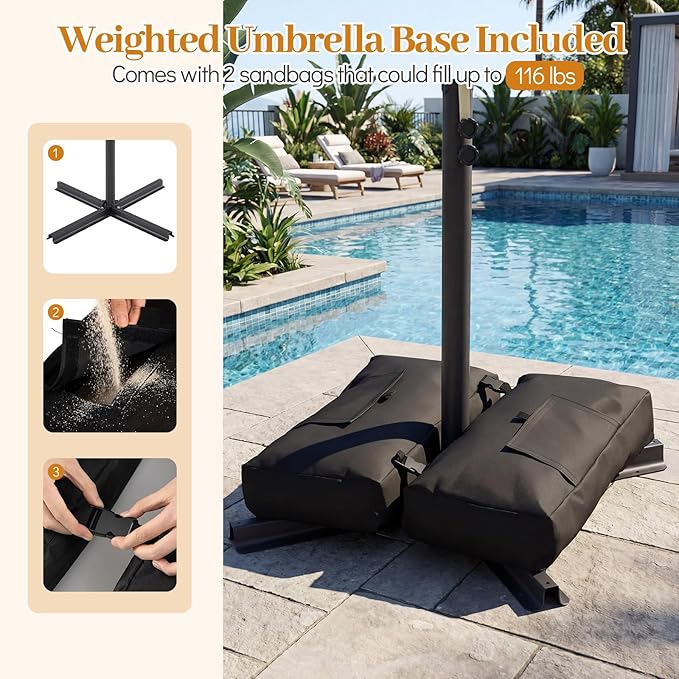 Tangkula 8x8 FT Patio Umbrella with Base Included, Square Offset Cantilever Outdoor Umbrella with 360 Degree Rotation, Crank Handle, Sandbags, 8 Ribs for Pool Deck Garden Backyard