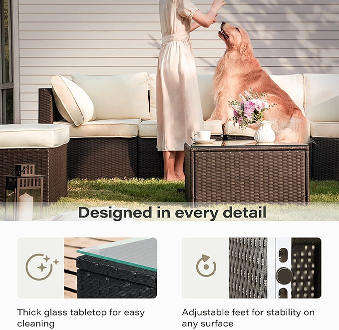 LAUSAINT HOME 7-Piece Patio Furniture Set, PE Rattan Outdoor Patio Furniture All Weather Outdoor Sectional Conversation Sets with 6 Chairs and 1 Tempered Glass Table for Garden (Beige)